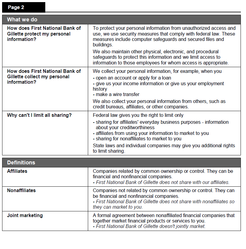 Page 2 of the privacy policy for First National Bank of Gillette