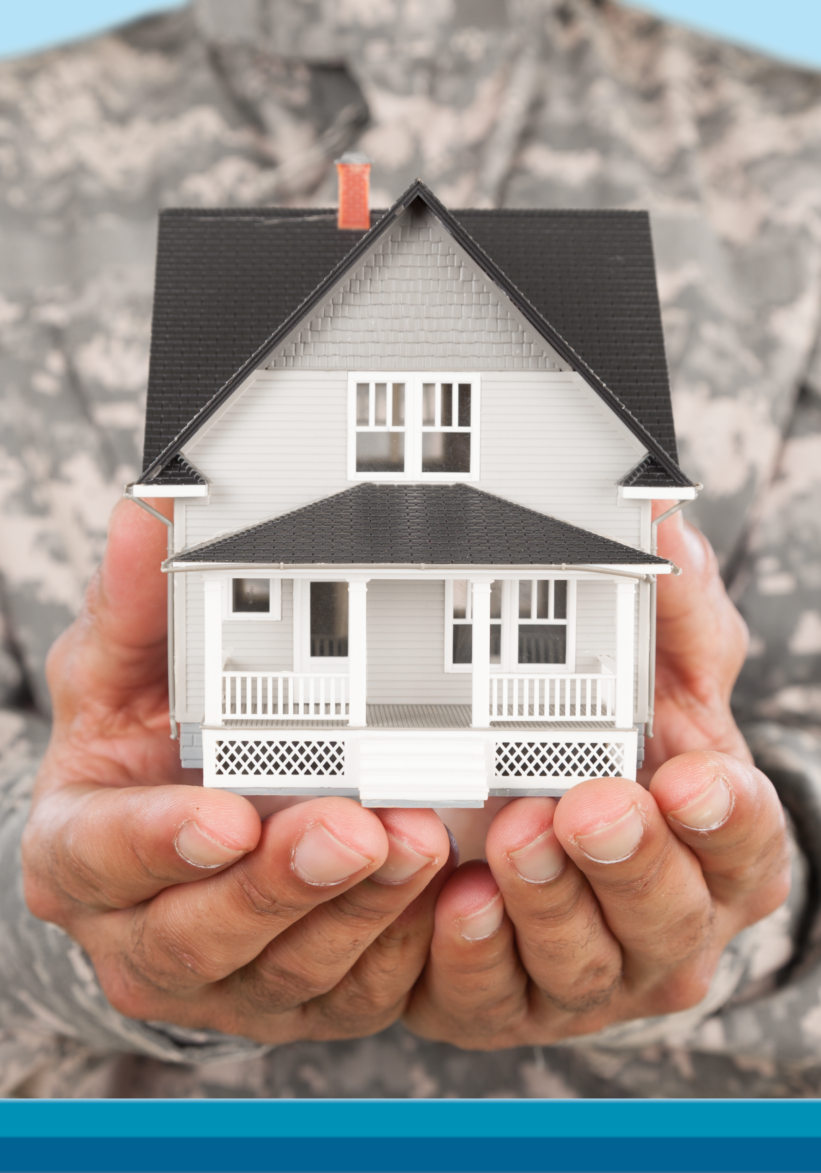 Uniformed soldier holding a miniature home, symbolizing home loans.